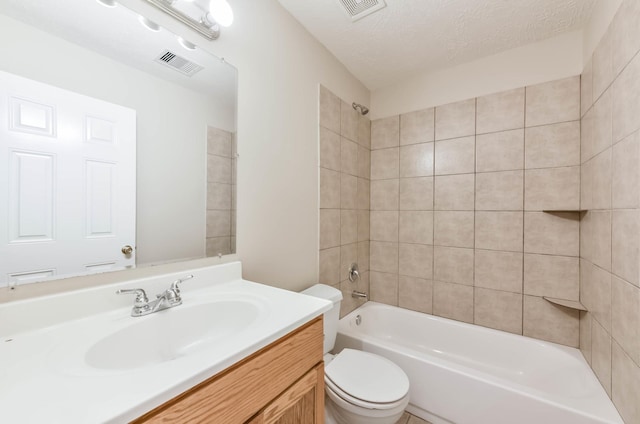 full bath with toilet,  shower combination, visible vents, and vanity