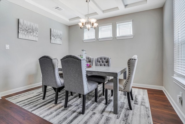 4418 Windflower Valley Ln, Katy, TX 77493 - dining space with a chandelier, coffered ceiling, wood finished floors, beamed ceiling, and baseboards