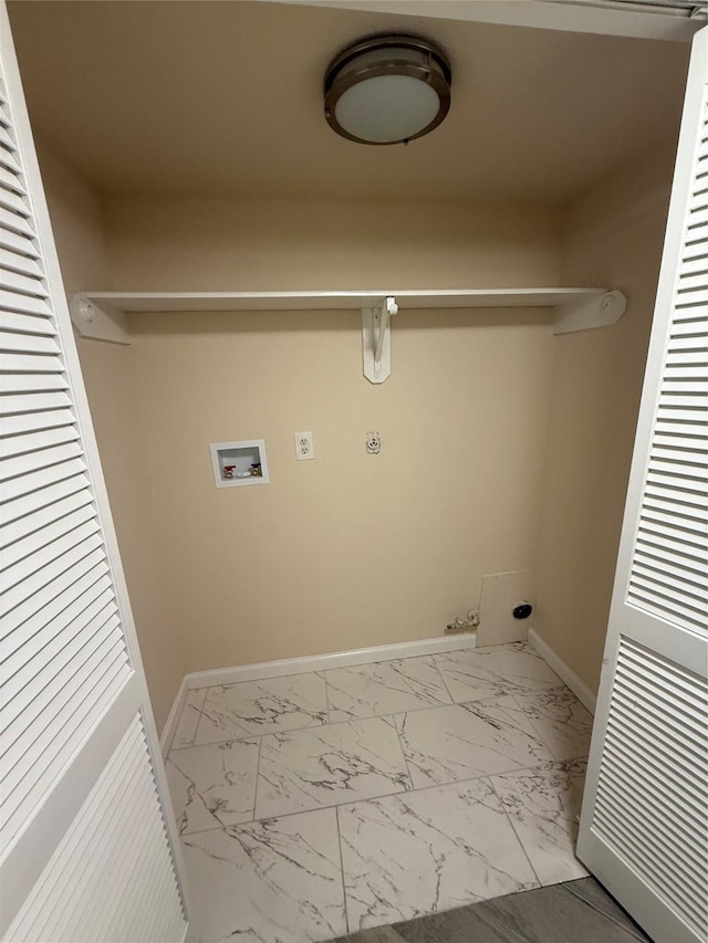 16319 Chimneystone Dr, Houston, TX 77095 - laundry area featuring electric dryer hookup, hookup for a washing machine, marble finish flooring, hookup for a gas dryer, and baseboards