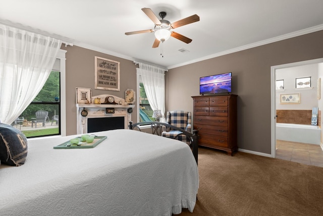 tiled bedroom featuring crown molding, visible vents, baseboards, ceiling fan, and carpet