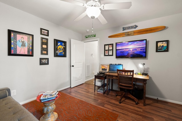 office area with baseboards, a ceiling fan, wood finished floors, and visible vents