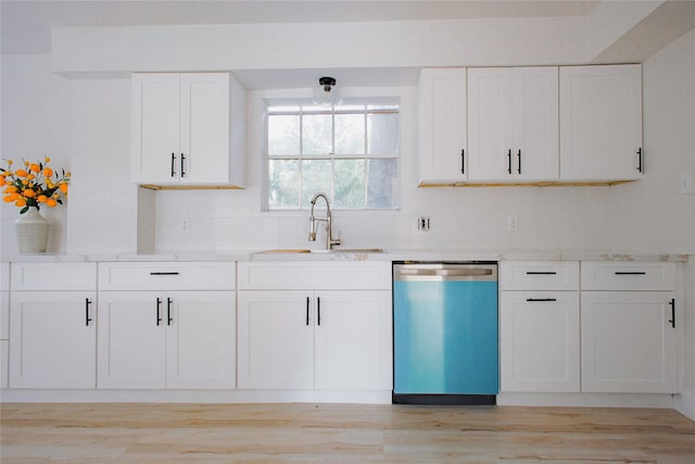 1719 Wagon Gap Trl, Houston, TX 77090 - kitchen featuring dishwashing machine, a sink, backsplash, and white cabinets