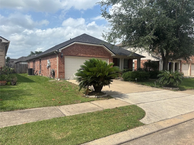 16427 Kettlebrook Ln, Houston, TX 77049 - view of front of house with fence, brick siding, a garage, a front yard, and cooling unit