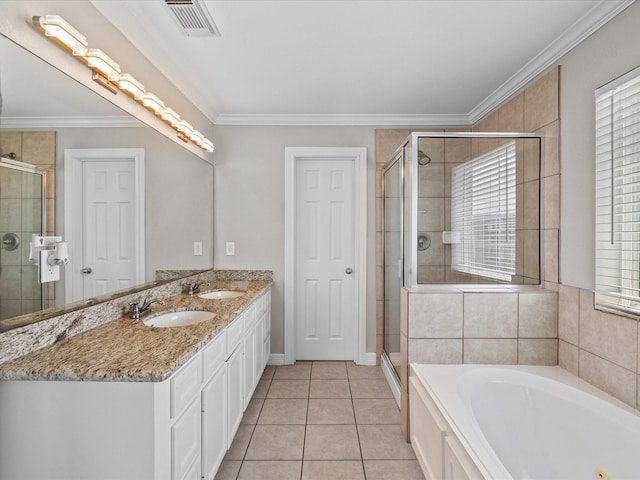 4035 Estuary Ct, Galveston, TX 77554 - full bath featuring a stall shower, a bath, plenty of natural light, and ornamental molding
