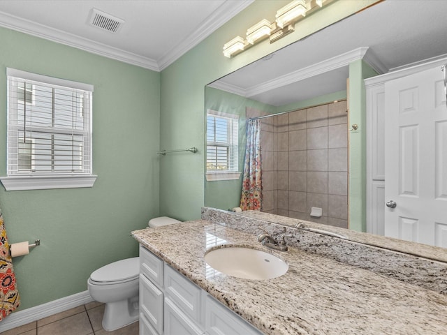 4035 Estuary Ct, Galveston, TX 77554 - full bathroom featuring toilet, tile patterned floors, ornamental molding, a shower with curtain, and vanity