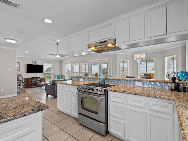 4035 Estuary Ct, Galveston, TX 77554 - kitchen featuring electric stove, crown molding, white cabinets, ceiling fan, and healthy amount of natural light