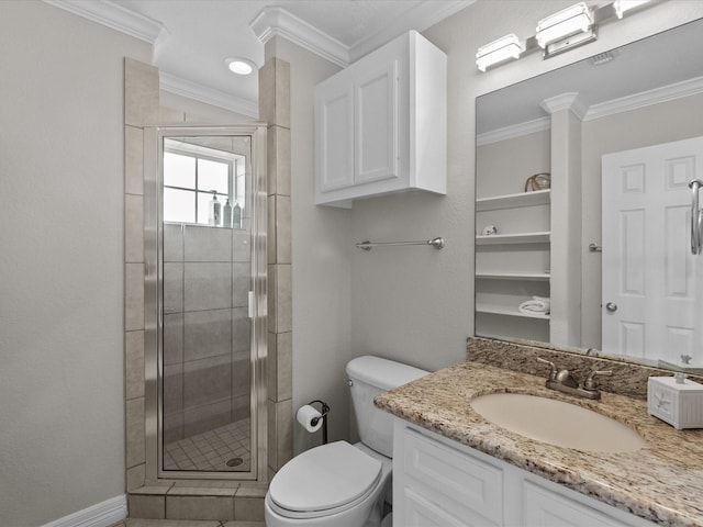 4035 Estuary Ct, Galveston, TX 77554 - full bath featuring a shower stall, toilet, ornamental molding, vanity, and baseboards