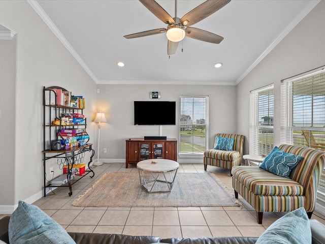 4035 Estuary Ct, Galveston, TX 77554 - living area featuring tile patterned floors, a ceiling fan, vaulted ceiling, baseboards, and ornamental molding
