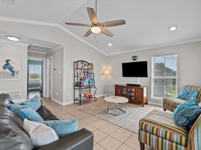 4035 Estuary Ct, Galveston, TX 77554 - living area featuring light tile patterned floors, a ceiling fan, vaulted ceiling, baseboards, and ornamental molding