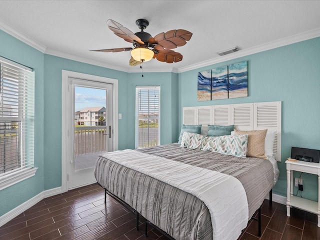 4035 Estuary Ct, Galveston, TX 77554 - bedroom featuring wood finish floors, baseboards, access to outside, crown molding, and ceiling fan