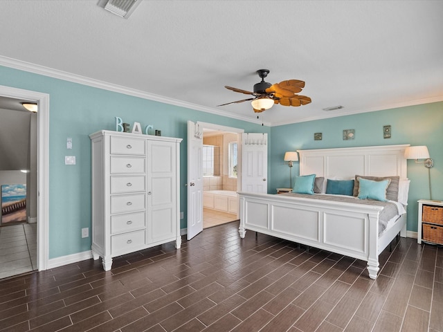 4035 Estuary Ct, Galveston, TX 77554 - bedroom with wood finish floors, crown molding, baseboards, a ceiling fan, and connected bathroom