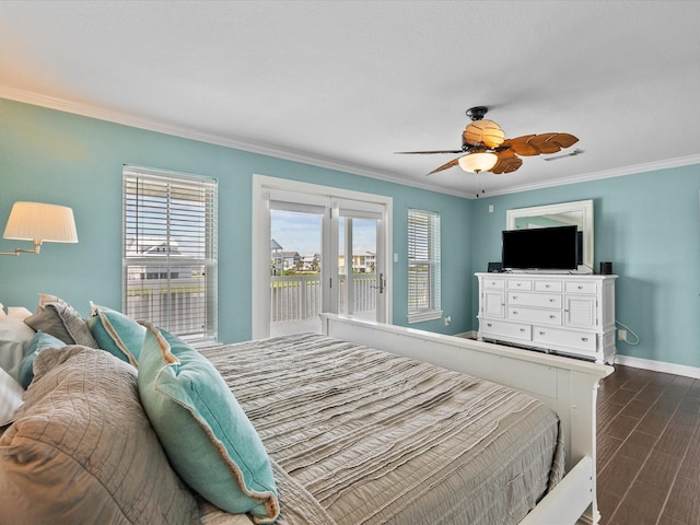 4035 Estuary Ct, Galveston, TX 77554 - bedroom featuring access to outside, crown molding, dark wood-style flooring, baseboards, and a ceiling fan
