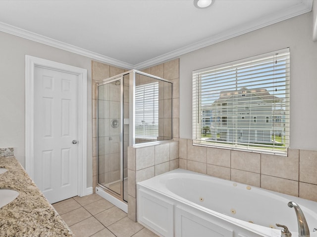 4035 Estuary Ct, Galveston, TX 77554 - full bath featuring tile patterned floors, a stall shower, healthy amount of natural light, and ornamental molding