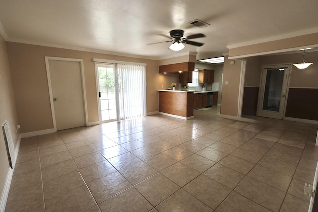 1217 E Brown Ln, Deer Park, TX 77536 - unfurnished living room with light tile patterned floors, crown molding, ceiling fan, and baseboards