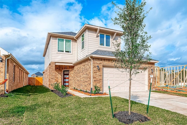 traditional-style home featuring fence, a front yard, brick siding, concrete driveway, and an attached garage