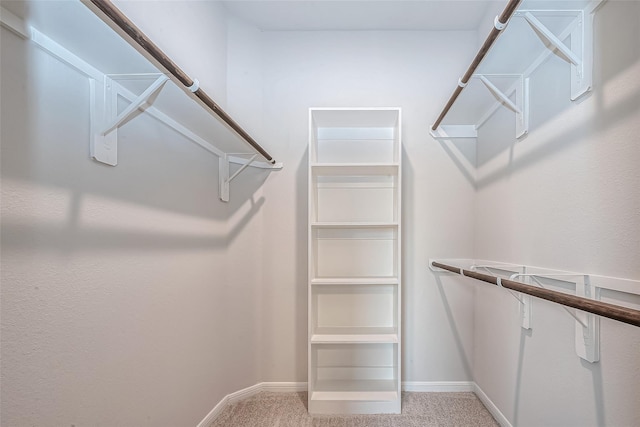 walk in closet featuring light colored carpet