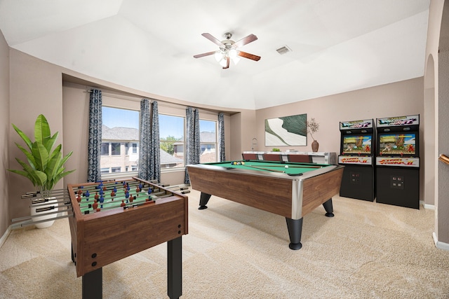 playroom with billiards, a ceiling fan, vaulted ceiling, baseboards, and light carpet