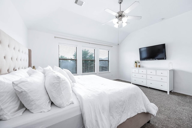 bedroom with a ceiling fan, visible vents, baseboards, light colored carpet, and lofted ceiling