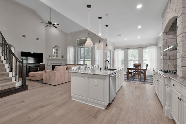 kitchen with a fireplace, a sink, light wood finished floors, appliances with stainless steel finishes, and white cabinets