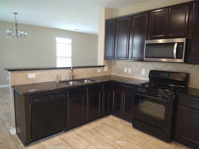 811 Sweet Flower Dr, Houston, TX 77073 - kitchen with black appliances, a sink, a peninsula, a chandelier, and tasteful backsplash