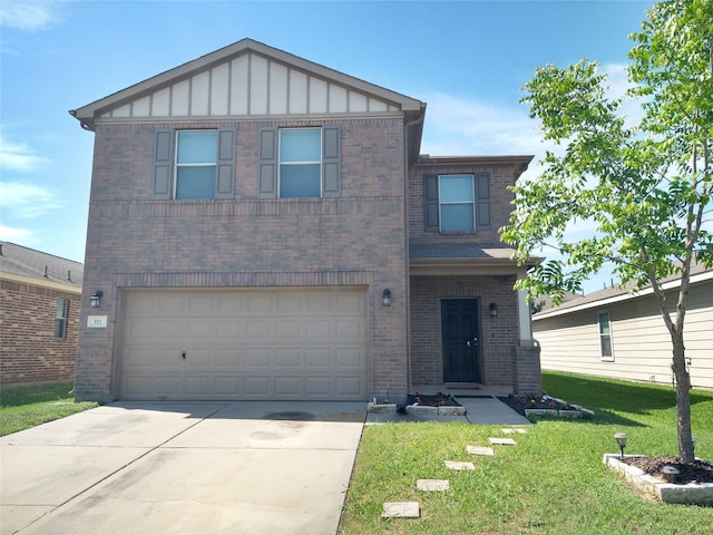 811 Sweet Flower Dr, Houston, TX 77073 - view of front of home featuring brick siding, a garage, board and batten siding, concrete driveway, and a front lawn