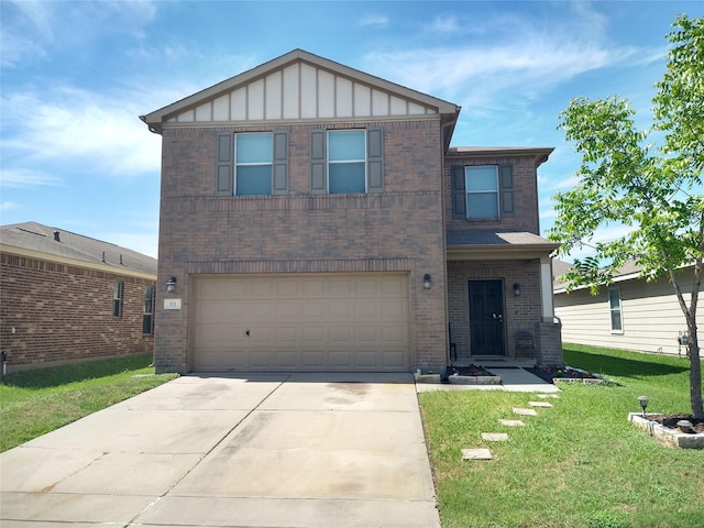 811 Sweet Flower Dr, Houston, TX 77073 - view of front of home with brick siding, an attached garage, a front yard, board and batten siding, and concrete driveway