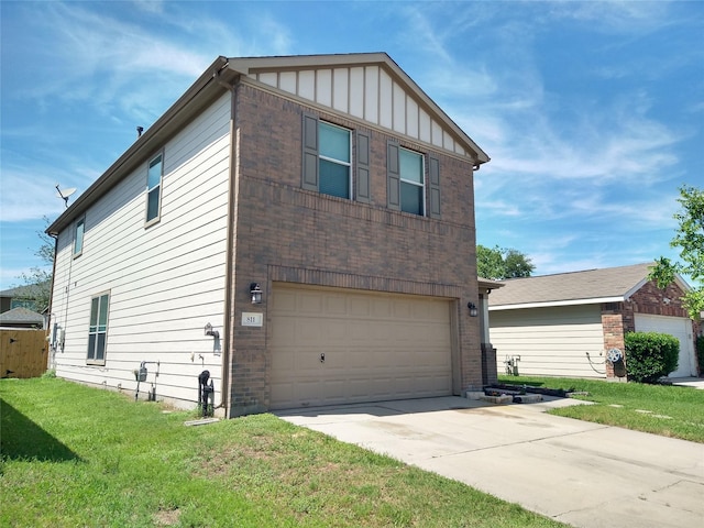 811 Sweet Flower Dr, Houston, TX 77073 - view of front of house with an attached garage, board and batten siding, a front yard, driveway, and brick siding