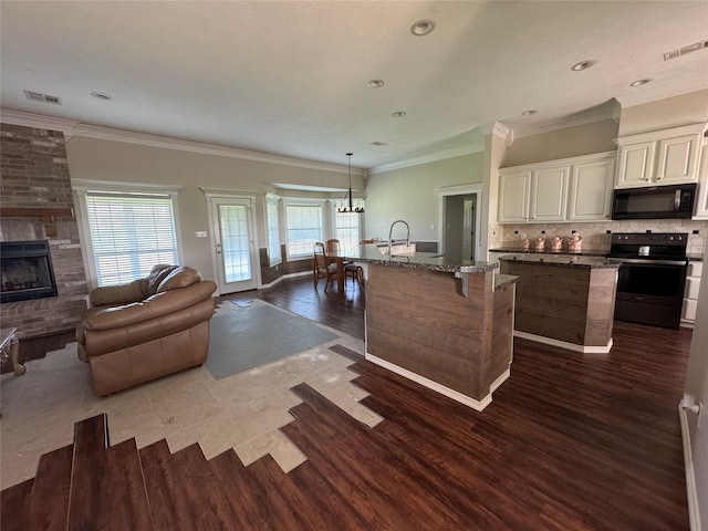 13796 County Road 318, Navasota, TX 77868 - kitchen featuring range with electric stovetop, black microwave, a center island with sink, plenty of natural light, and ornamental molding