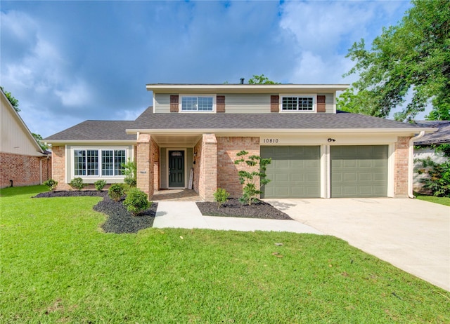 view of front of property featuring a shingled roof, a front lawn, brick siding, a garage, and concrete driveway