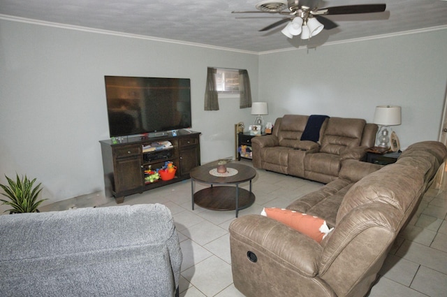 402 E Smith St, Brazoria, TX 77422 - living area featuring light tile patterned floors, a ceiling fan, and ornamental molding