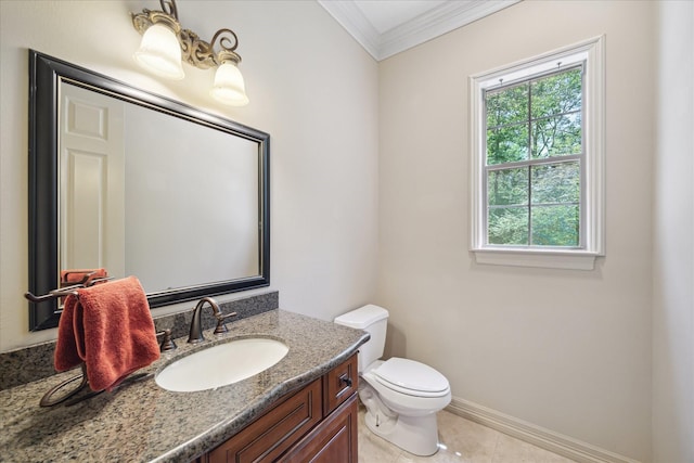 1302 Royal Sands Ln, Houston, TX 77345 - half bathroom featuring crown molding, toilet, vanity, baseboards, and tile patterned floors
