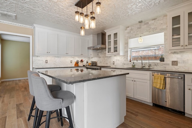 15110 Falling Creek Dr, Houston, TX 77068 - kitchen featuring dishwasher, a sink, wall chimney exhaust hood, an ornate ceiling, and dark wood finished floors