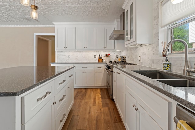 15110 Falling Creek Dr, Houston, TX 77068 - kitchen featuring appliances with stainless steel finishes, a sink, wall chimney exhaust hood, an ornate ceiling, and tasteful backsplash