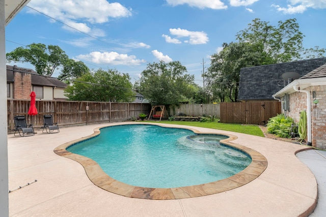 15110 Falling Creek Dr, Houston, TX 77068 - view of swimming pool with a fenced backyard, a patio area, and a pool with connected hot tub