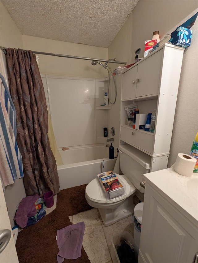 full bathroom with vanity, toilet, a textured ceiling, and shower / tub combo with curtain