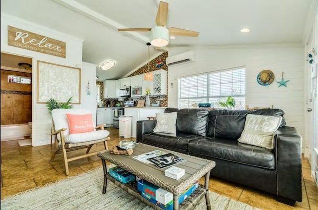 16530 Jean Lafitte Rd, Jamaica Beach, TX 77554 - living room with ceiling fan, a wall unit AC, lofted ceiling, ornamental molding, and light tile patterned flooring