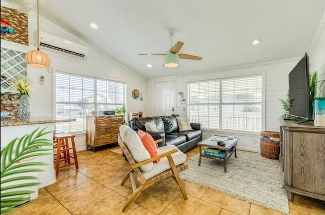 16530 Jean Lafitte Rd, Jamaica Beach, TX 77554 - living room with light tile patterned flooring, an AC wall unit, a ceiling fan, lofted ceiling, and ornamental molding