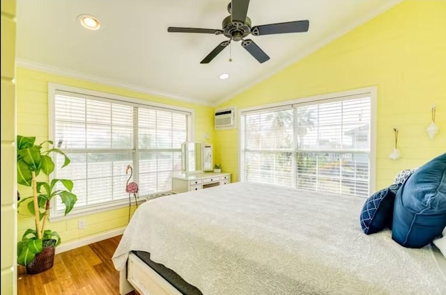 16530 Jean Lafitte Rd, Jamaica Beach, TX 77554 - bedroom featuring ceiling fan, an AC wall unit, wood finished floors, lofted ceiling, and ornamental molding