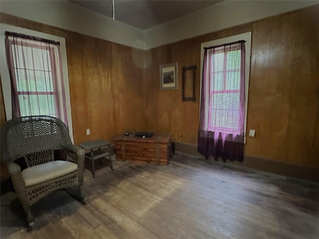 living area featuring wooden walls and wood finished floors