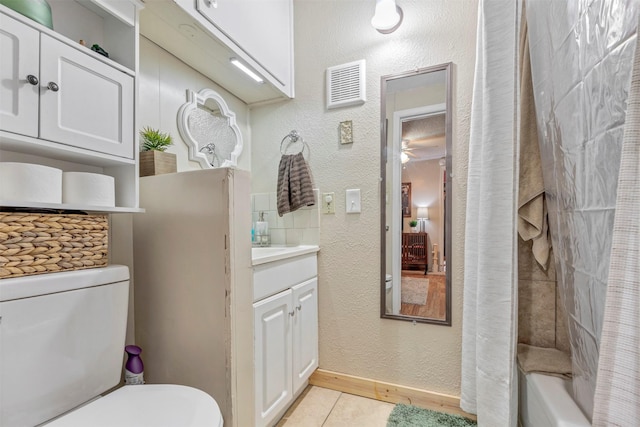 808 Morrell St, Baytown, TX 77520 - bathroom featuring a ceiling fan, visible vents, tile patterned flooring, vanity, and toilet