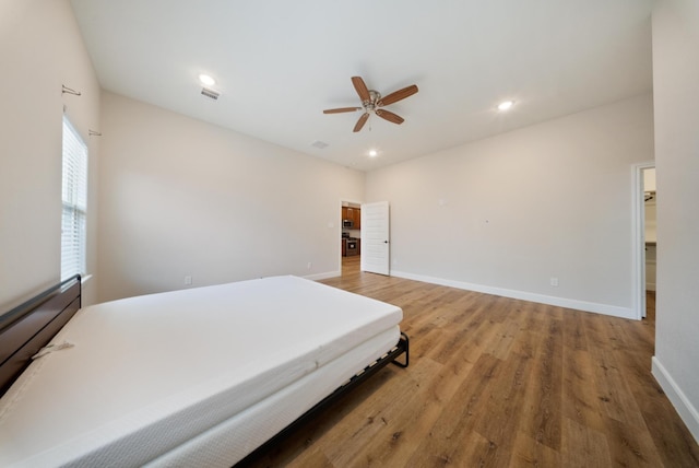 bedroom with visible vents, baseboards, ceiling fan, recessed lighting, and light wood finished floors