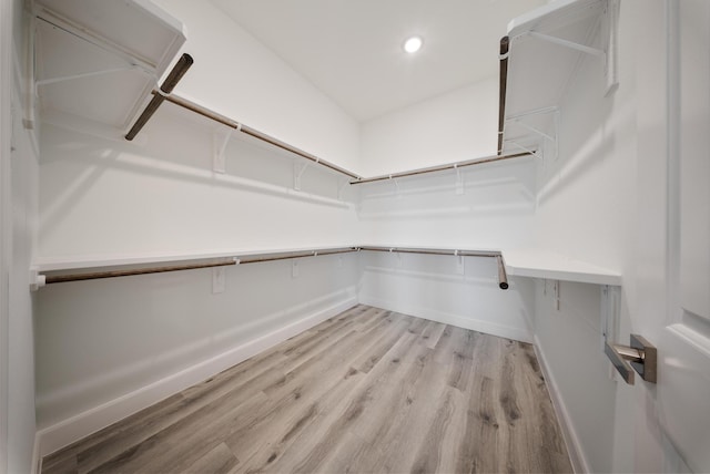 walk in closet with light wood finished floors