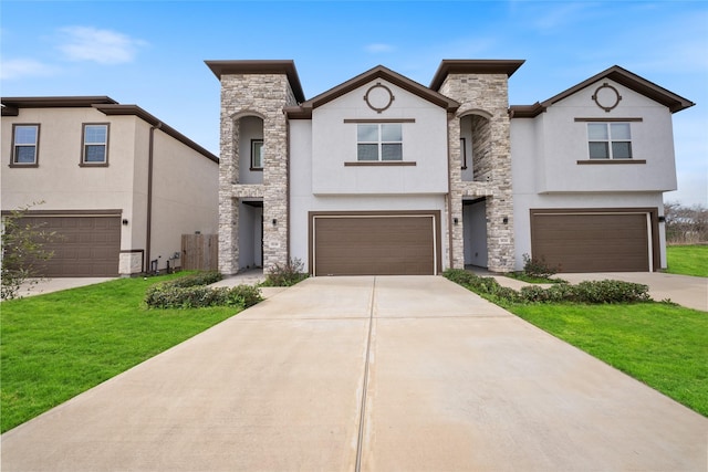 view of front facade featuring stone siding, a garage, stucco siding, a front yard, and concrete driveway