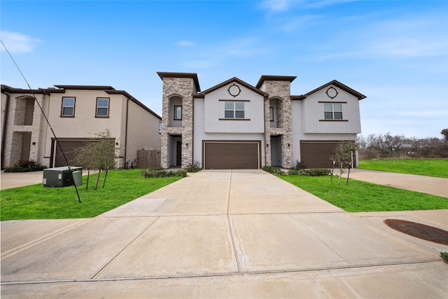 view of front of property featuring a garage, stone siding, a front yard, stucco siding, and driveway