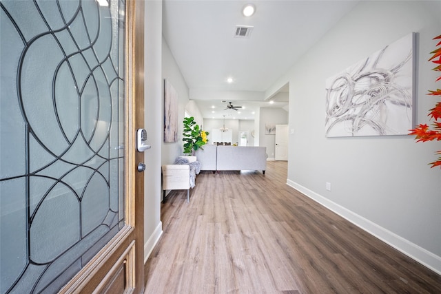 entrance foyer featuring baseboards, a ceiling fan, recessed lighting, and wood finished floors