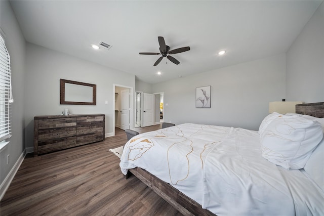 bedroom with visible vents, recessed lighting, baseboards, and wood finished floors