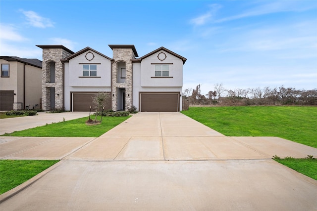 view of front facade featuring stone siding, a front yard, stucco siding, concrete driveway, and an attached garage