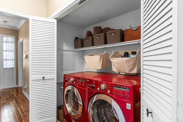 3749 Wakeforest St, Houston, TX 77098 - washroom with independent washer and dryer, a textured ceiling, ornamental molding, hardwood / wood-style flooring, and baseboards
