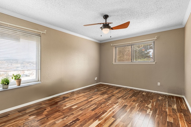 3749 Wakeforest St, Houston, TX 77098 - empty room with wood finished floors, a ceiling fan, ornamental molding, a textured ceiling, and baseboards