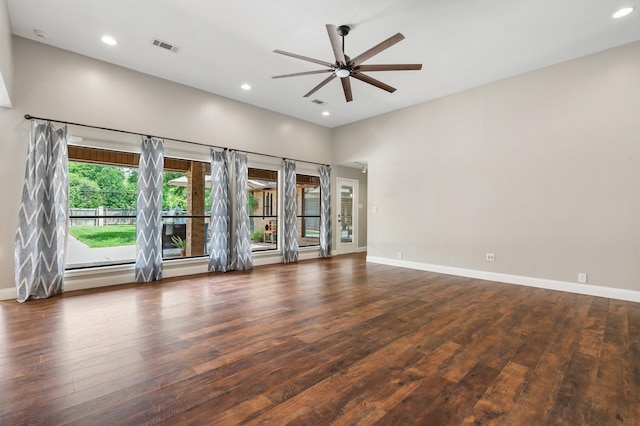spare room featuring visible vents, wood finished floors, baseboards, recessed lighting, and a ceiling fan